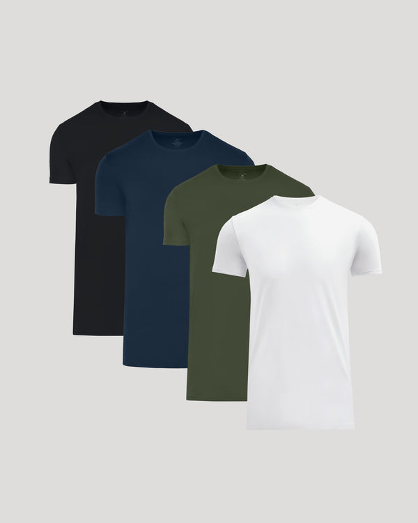 Four neatly arranged crew neck t-shirts in black, navy blue, olive green, and white, showcasing the Tall Pima Cotton Blend Crew 4-Pack men's basics collection.