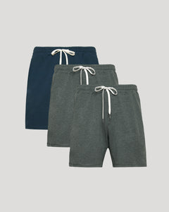 True ClassicActive Comfort Shorts 3-Pack featuring elastic waistbands and drawstrings.