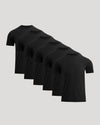 Set of six black t-shirts on a light gray background