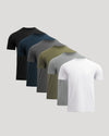 Set of five plain t-shirts in black, navy, gray, green, and white on a light gray background