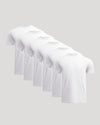 Six plain white crew neck t-shirts arranged in a row, showcasing the Short Classic Crew Neck Tee - Men's Premium Cotton Blend T-Shirt - Athletic Fit as a comfortable men's basics essential.