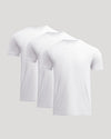 Three white t-shirts stacked on a light gray background
