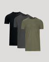 Three t-shirts in black, gray, and green on a light gray background