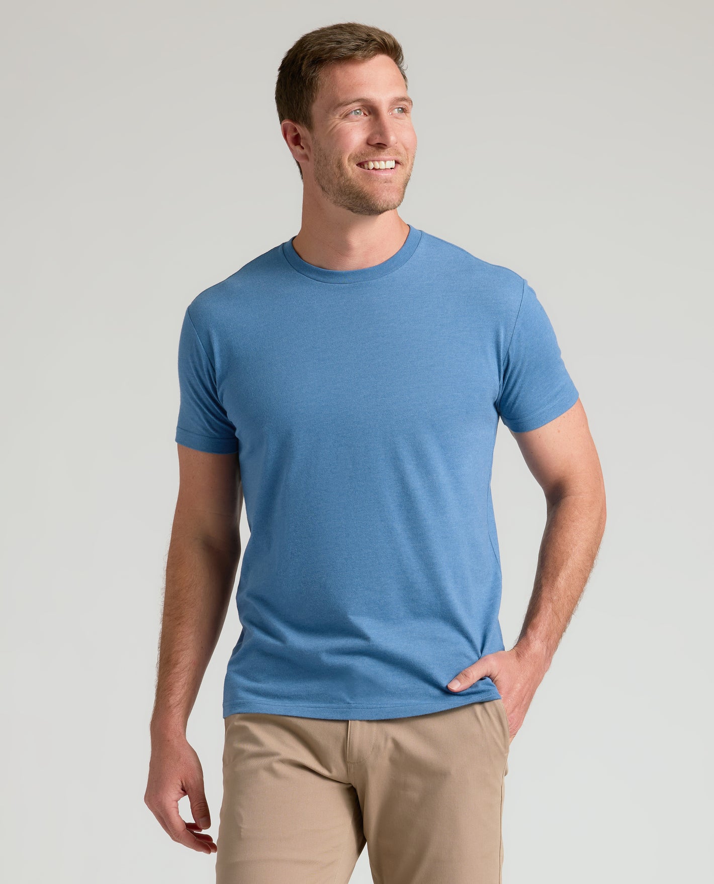 Man wearing Classic Crew 3-Pack T-shirt, light khaki pants.