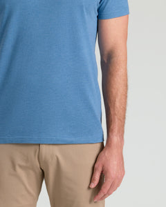 True ClassicDark Heather Blue Lake Classic Crew Neck shirt worn with khaki bottoms.