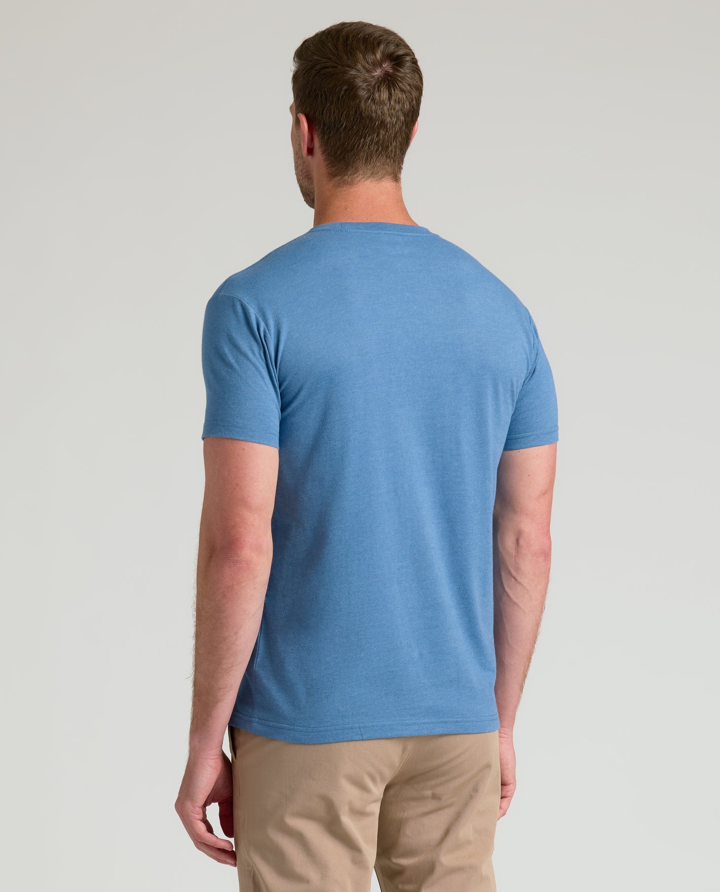 Back view of Dark Heather Blue Lake Classic Crew Neck on man.