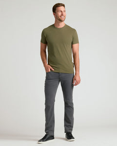 True ClassicMan in Classic Crew Neck 6-Pack, olive tee, charcoal jeans.