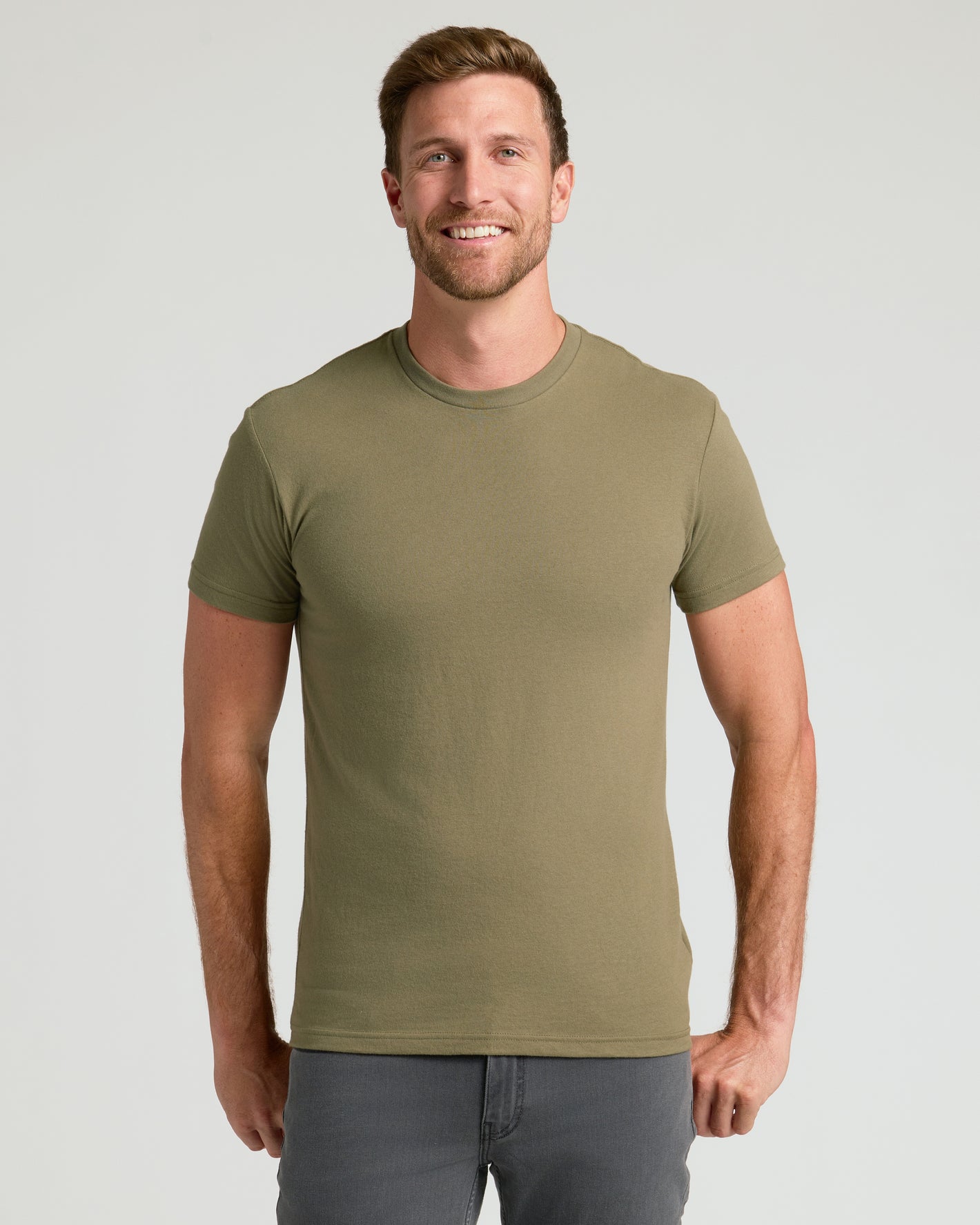 Crew Core Sleeve Variety 6-Pack: man in olive T-shirt, gray pants.