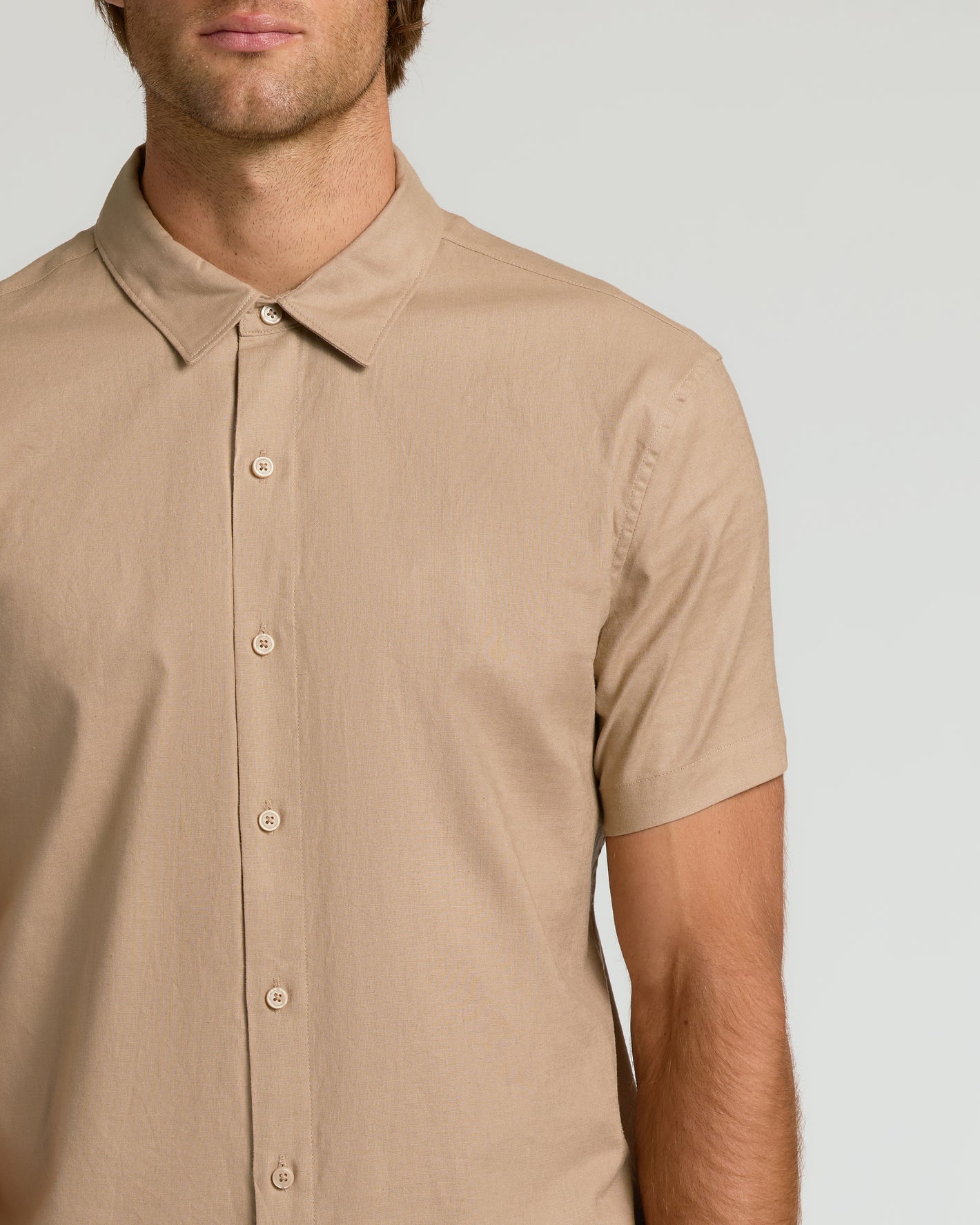 Dusty Taupe Short Sleeve Linen Shirt with button-front and collar.