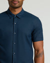 Navy Short Sleeve Linen Shirt with point collar and button-down front.