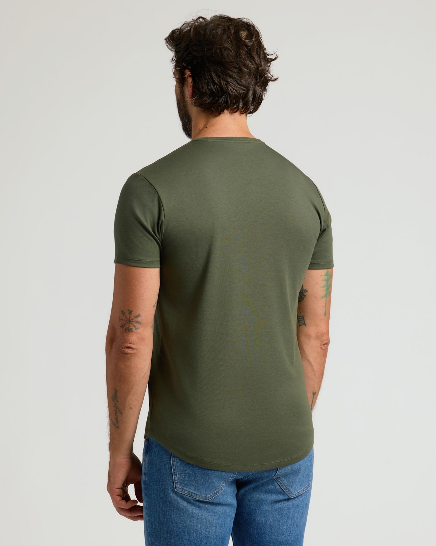 Man wearing All Grove Pima Cotton Blend Curved Hem Crew 2-Pack.