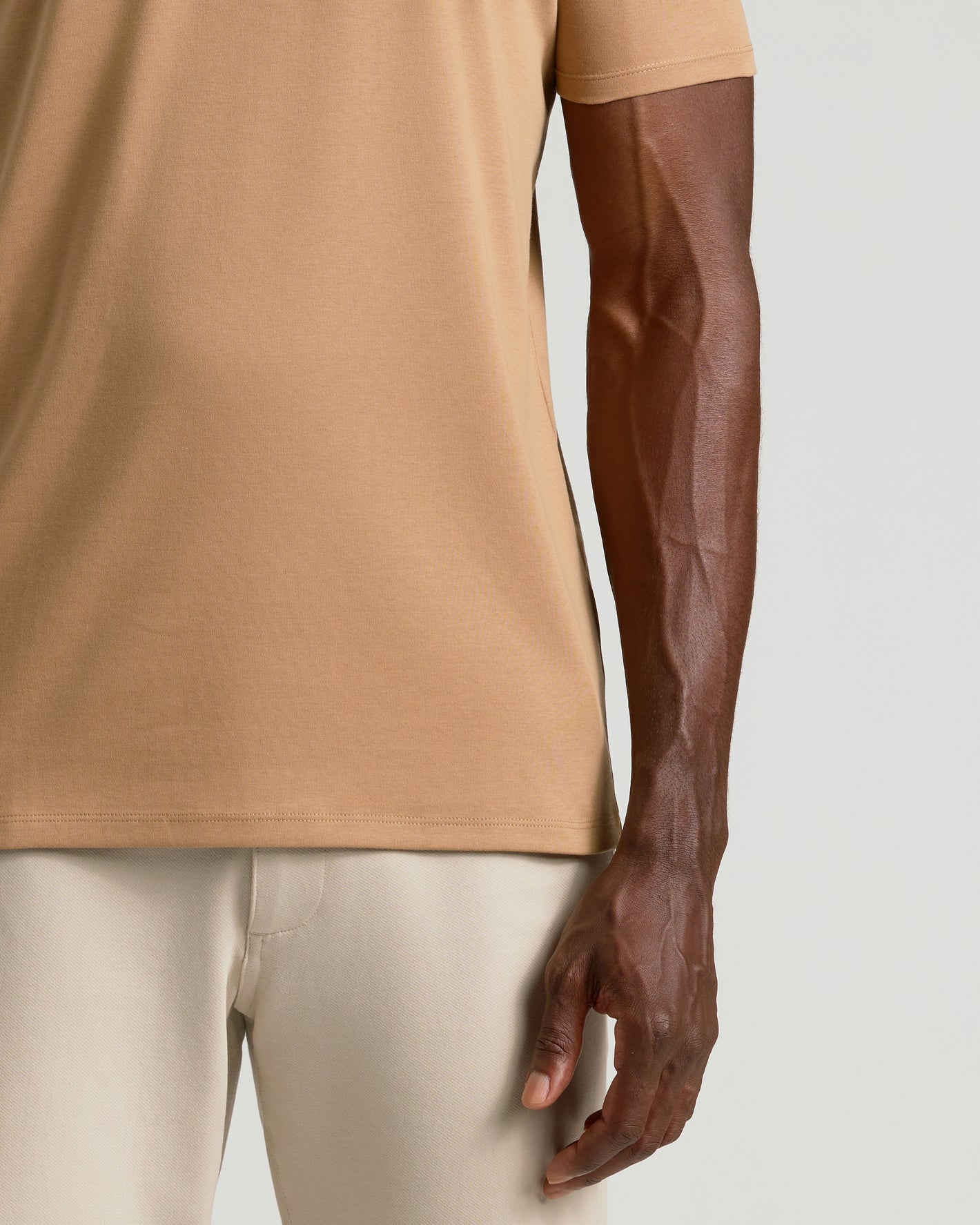 Tahini Premium Pima Crew Neck on model, showcasing fit and fabric.