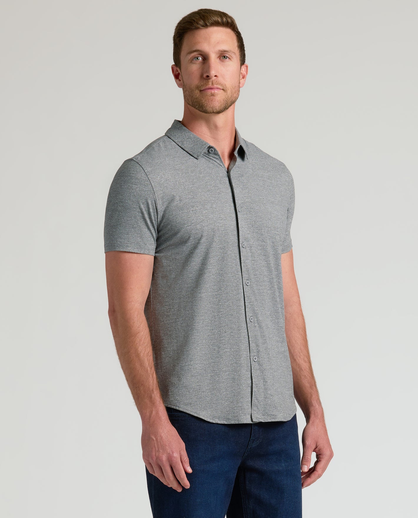 Adult male in Heather Gray Short Sleeve Comfort Knit Shirt.