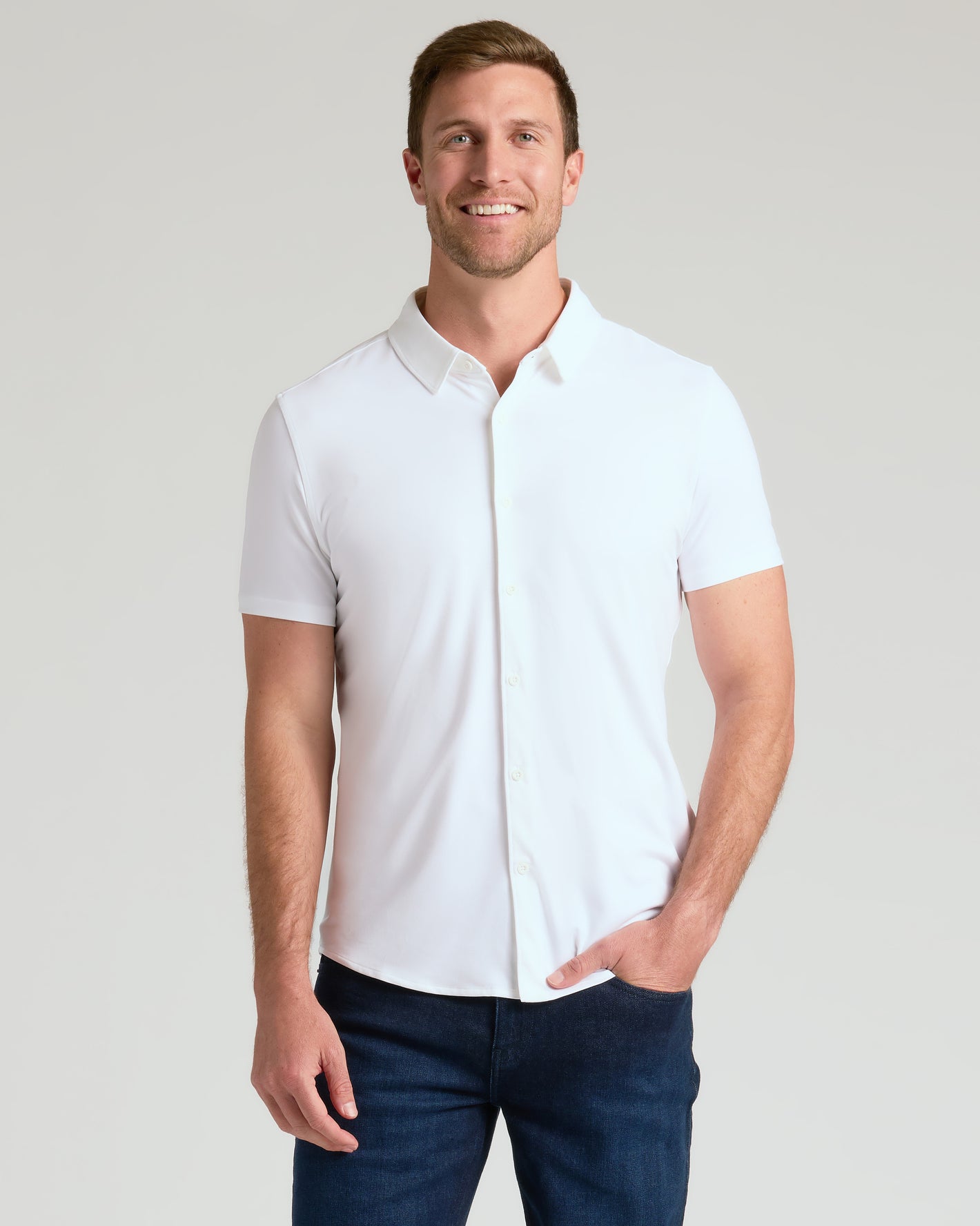 Man wearing Black & White Short Sleeve Comfort Knit Shirt 2-Pack.