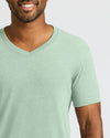 Man wearing a light green V-neck t-shirt against a plain background