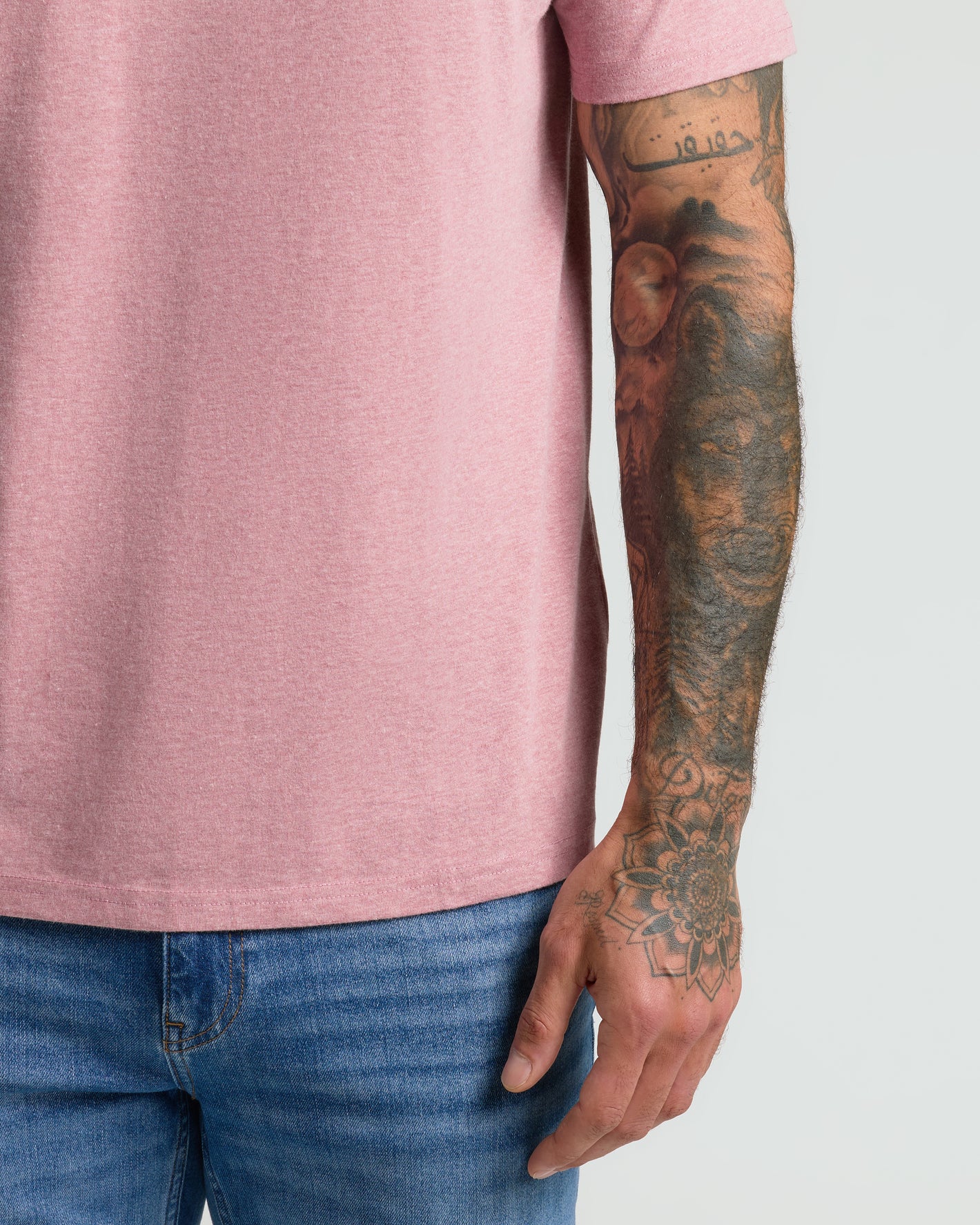 Light Heather Boysenberry Classic V-Neck worn by tattooed arm.