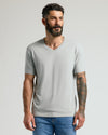 Steel Classic V-Neck on man with tattoos, highlighting fit and comfort.