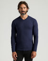 Man wearing Black & Navy Dressy V-Neck Sweater.
