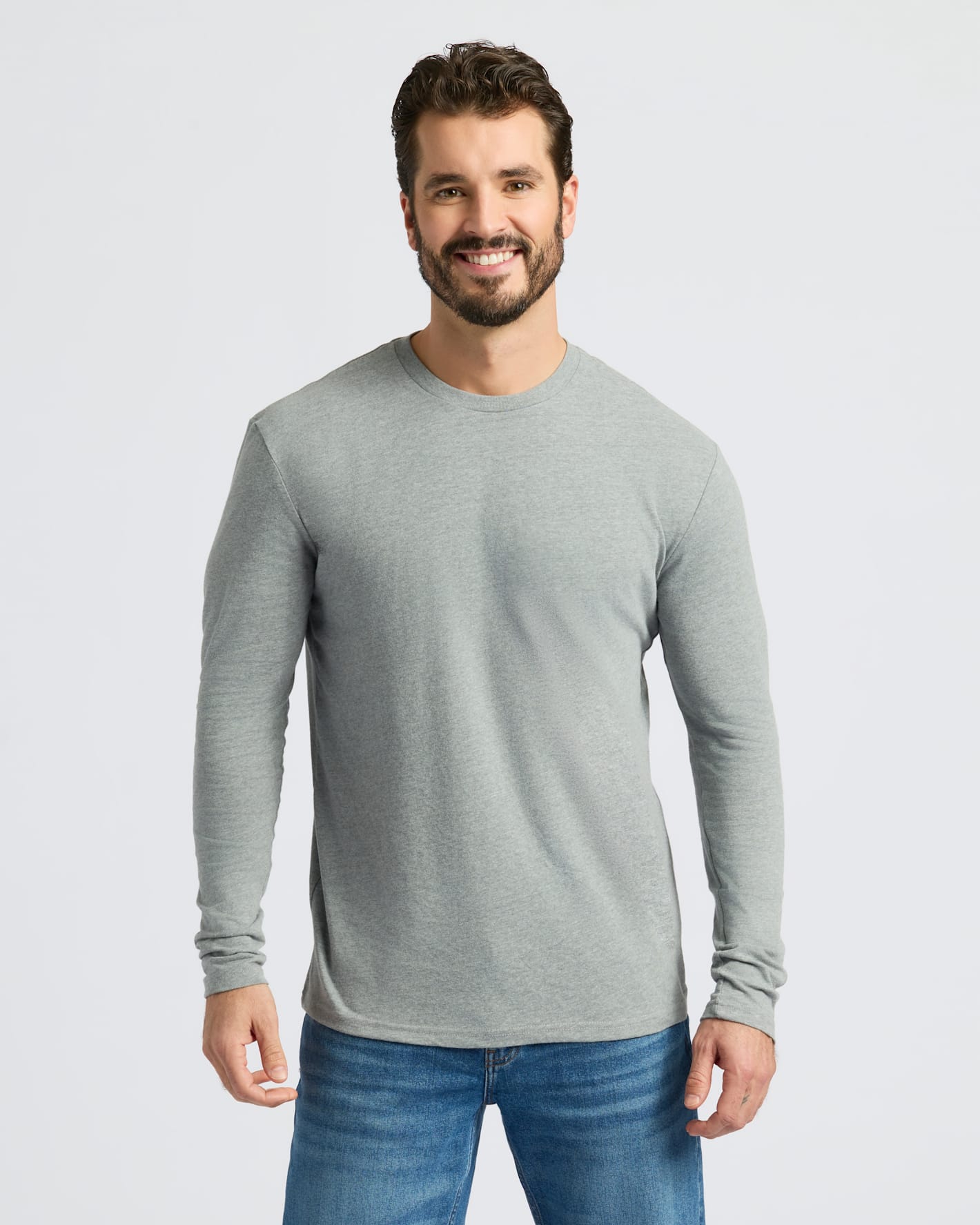 Man wearing Heather Gray Long Sleeve from Cool Tones Variety 9-Pack.