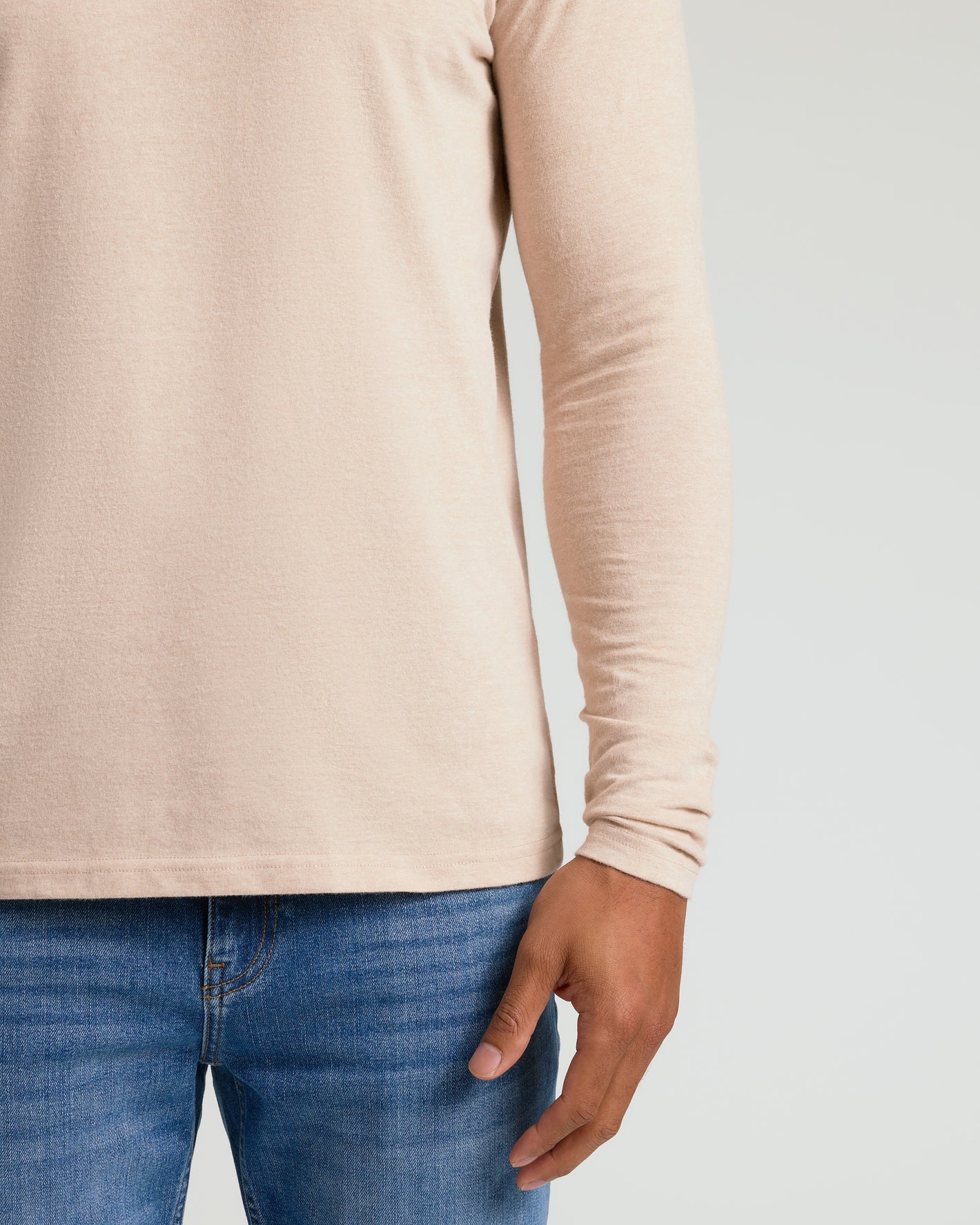 Heather Camel Classic Long Sleeve Crew Neck with blue jeans.