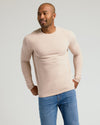 Heather Camel Classic Long Sleeve Crew Neck worn by male model with jeans.