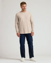 Man wearing Heather Truffle Classic Long Sleeve Crew Neck with jeans.