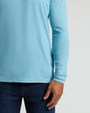 Heather Voyager Classic Long Sleeve Crew Neck worn with relaxed fit.