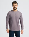 Male model in Ashberry Classic Long Sleeve Henley, dark jeans.