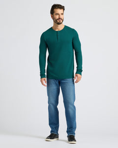 True ClassicDeep Emerald Waffle Long Sleeve Henley worn by model in jeans.