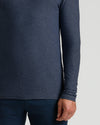 Close-up of a men's Dark Heather Fiord Active Long Sleeve Crew T-Shirt in dark blue heather fabric, showing the comfortable fit on the arm and torso.