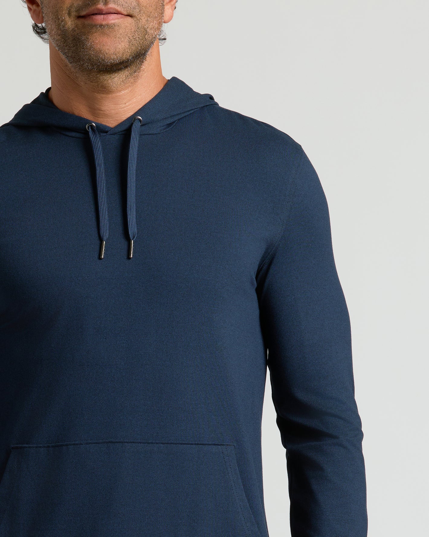 Heather Navy Active Comfort Pullover Hoodie with hood and kangaroo pocket.
