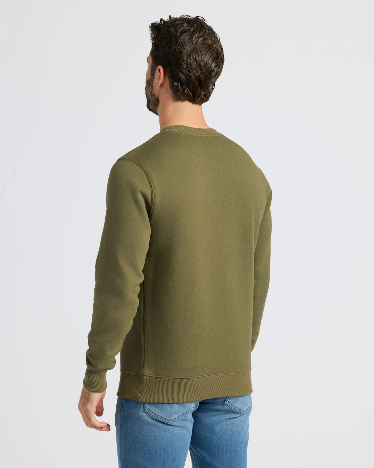 Man wearing Military Green Fleece French Terry Pullover Crew Neck.