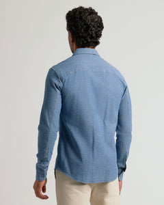 True ClassicLight Indigo Wash Long Sleeve Chambray Shirt back view, relaxed fit.