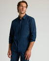 Navy Long Sleeve Linen Shirt on a casually posed man.