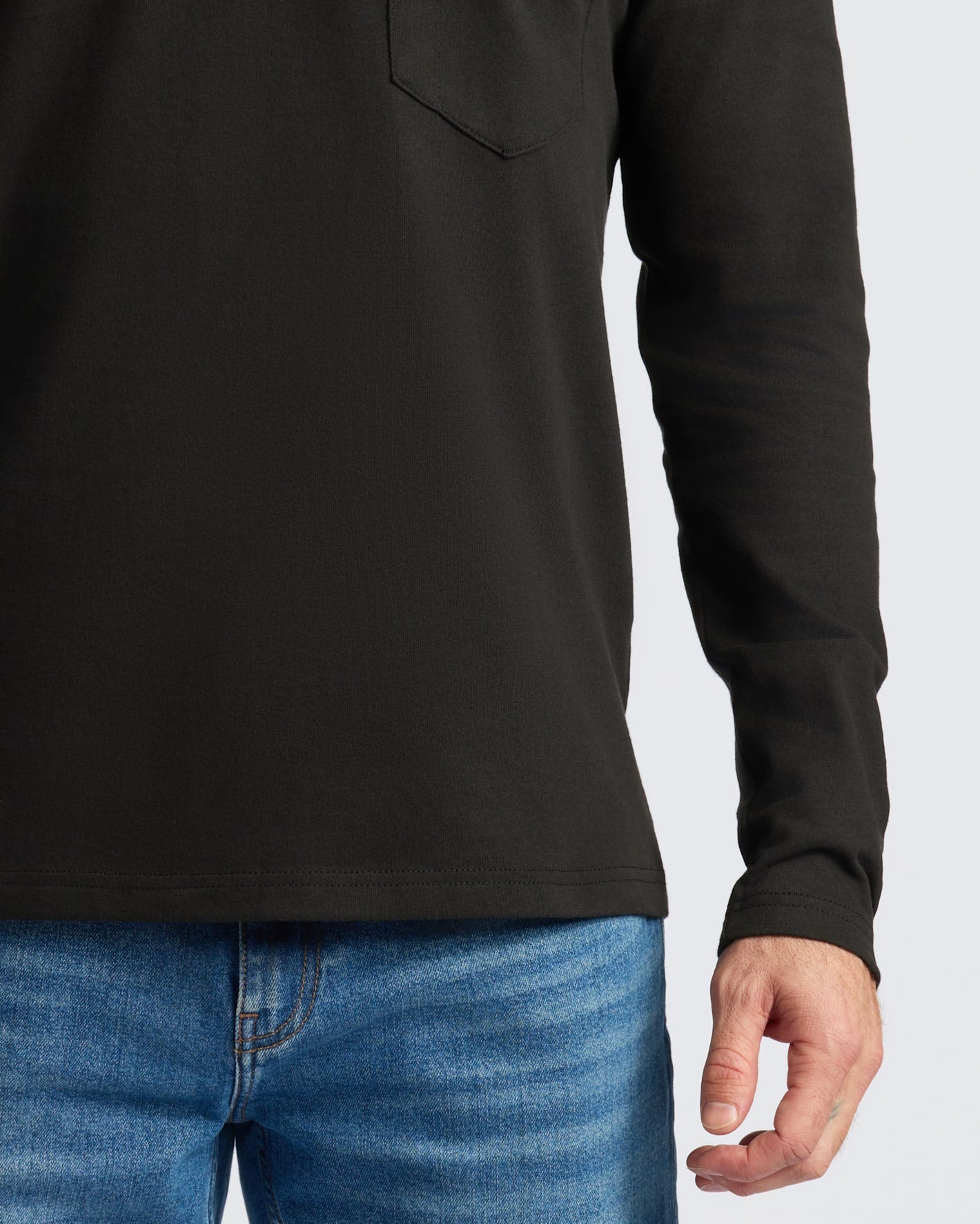 Black & Navy Heavyweight Long Sleeve Pocket Crew, modeled in black.