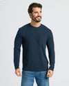 Navy Heavyweight Long Sleeve Pocket Crew worn by man smiling.
