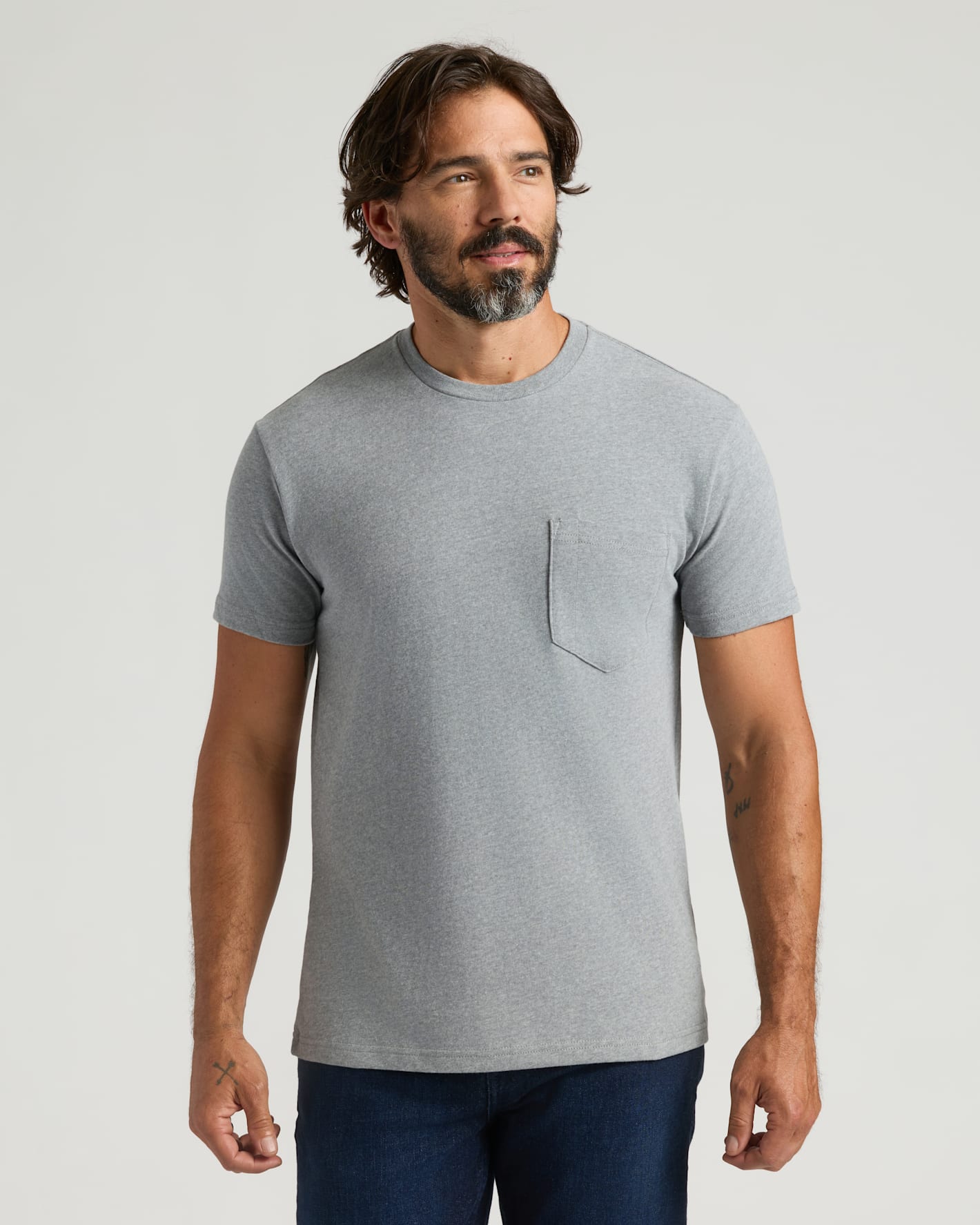 Heather Gray Heavyweight Pocket Crew worn by man with tattoos.
