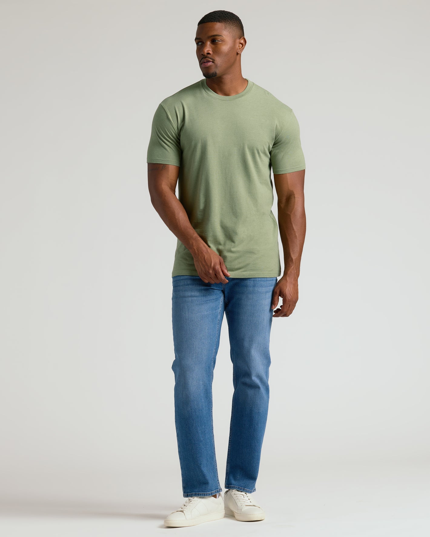 Male model wearing Dark Heather Bay Green Tall Straight Hem Crew Neck T-Shirt.