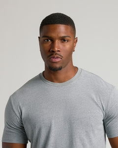True ClassicHeather Gray Tall Straight Hem Crew Neck T-Shirt on model.