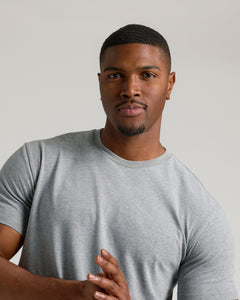 True ClassicYoung man in Heather Gray Tall Straight Hem Crew Neck T-Shirt.