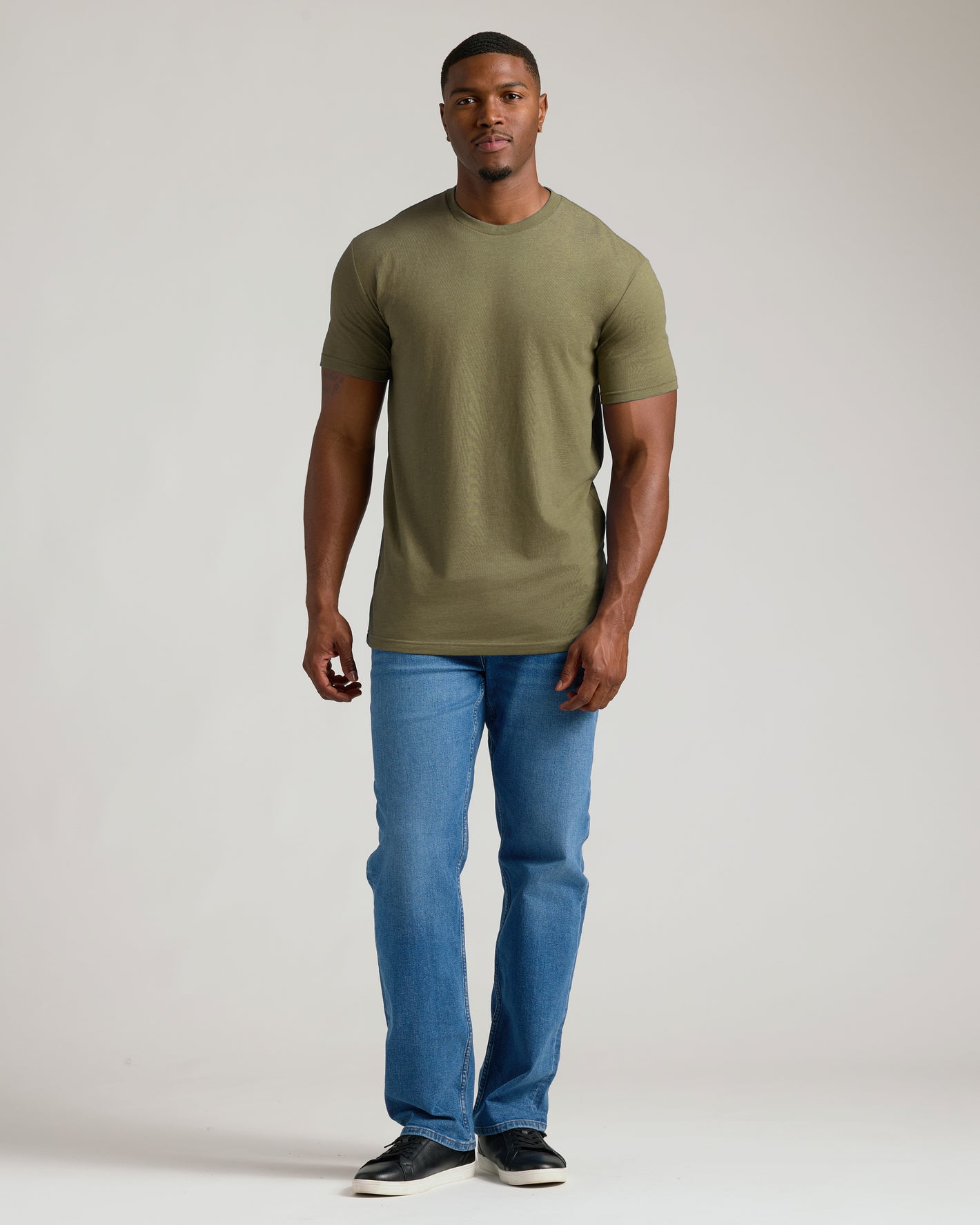 Heather Military Green Tall Straight Hem Crew Neck T-Shirt on model.