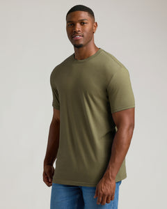 True ClassicHeather Military Green Tall Straight Hem Crew Neck T-Shirt on model.
