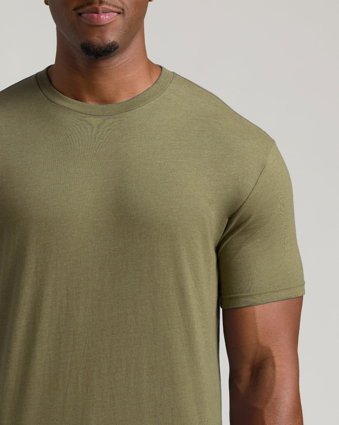 Heather Military Green Tall Straight Hem Crew Neck T-Shirt on model.