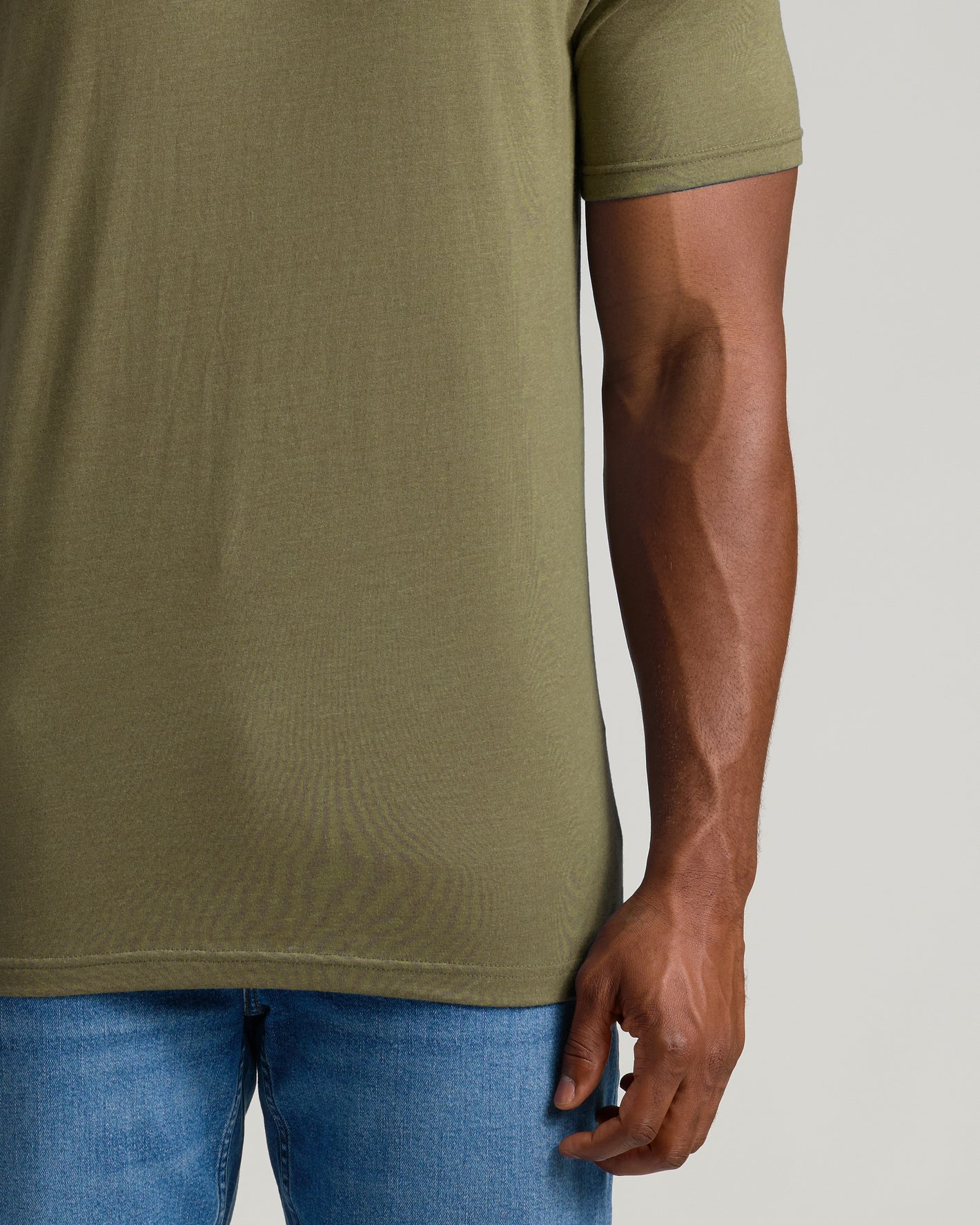 Heather Military Green Tall Straight Hem Crew Neck T-Shirt, mid-section view.