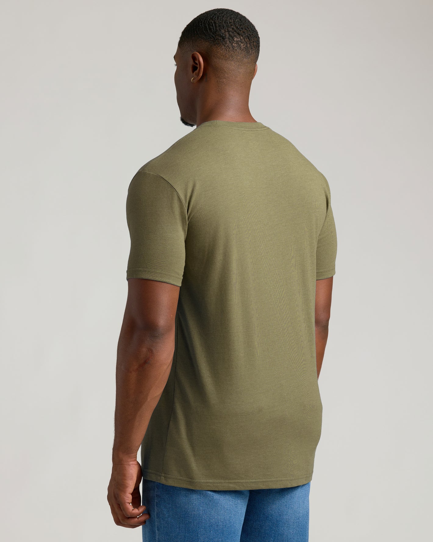 Heather Military Green Tall Straight Hem Crew Neck T-Shirt, back view.