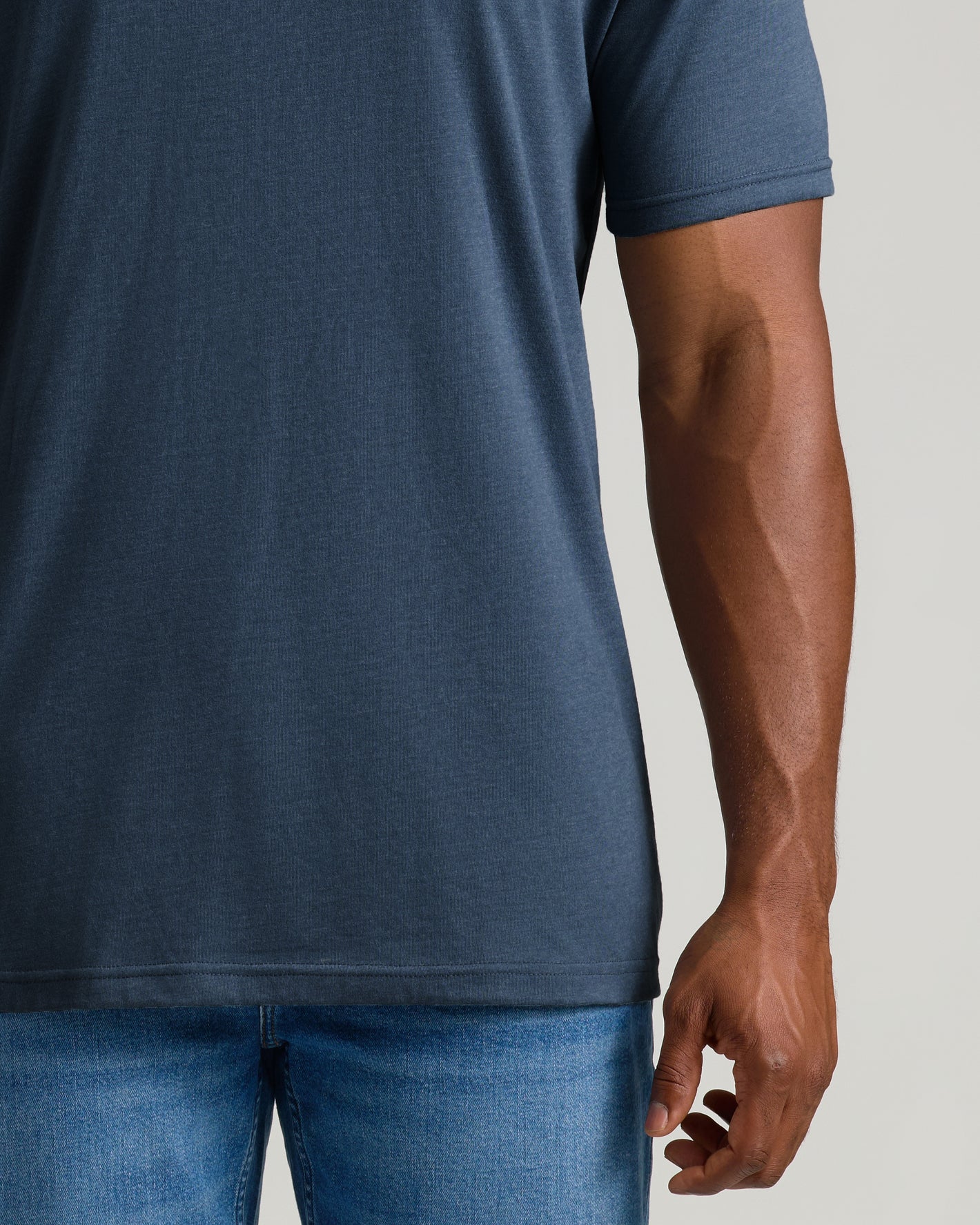 Heather Navy Tall Straight Hem Crew Neck T-Shirt worn with medium-wash jeans.