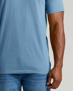 True ClassicIndigo Tall Straight Hem Crew Neck T-Shirt mid-section view on model.