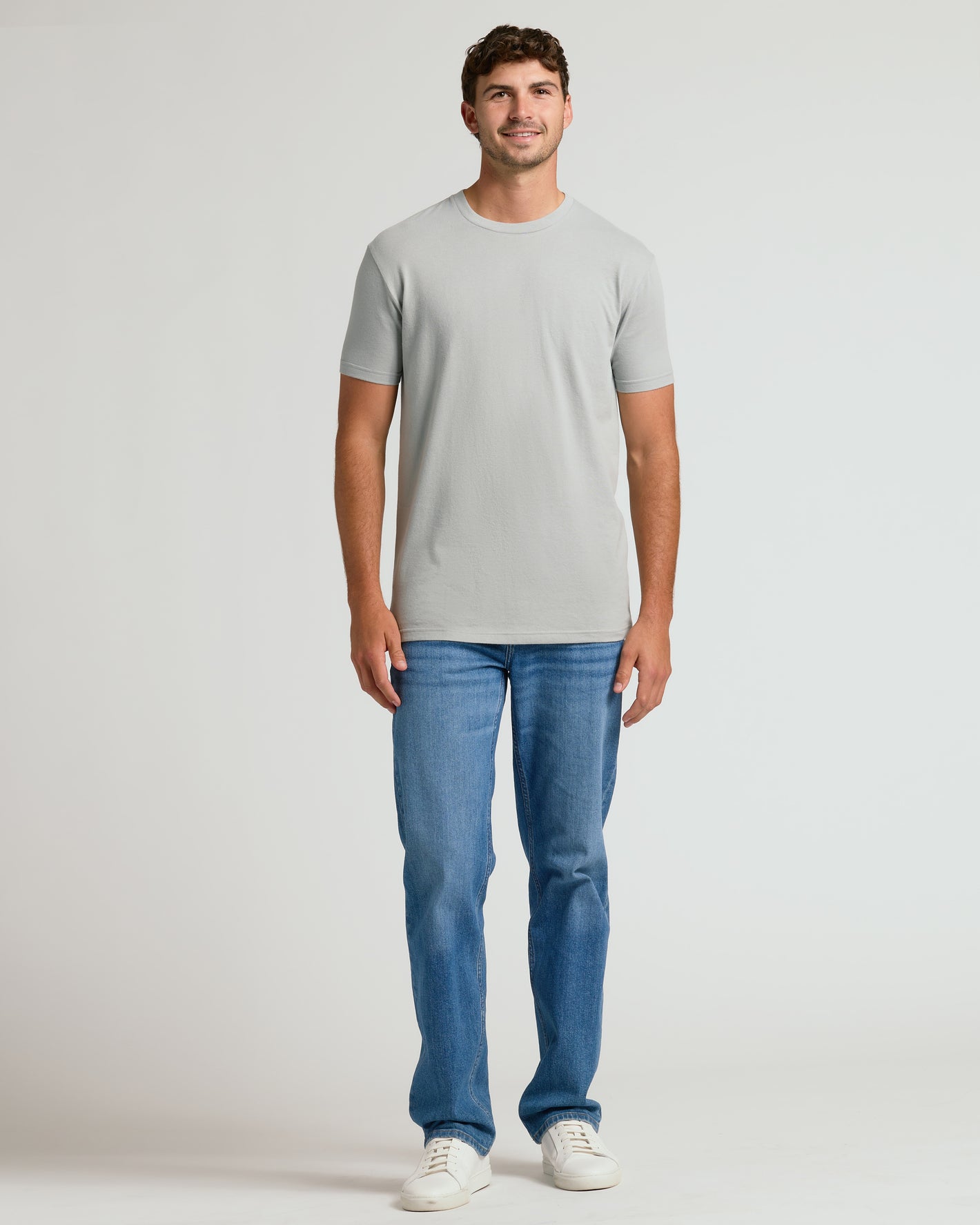 Steel Tall Straight Hem Crew Neck T-Shirt worn by a relaxed man.