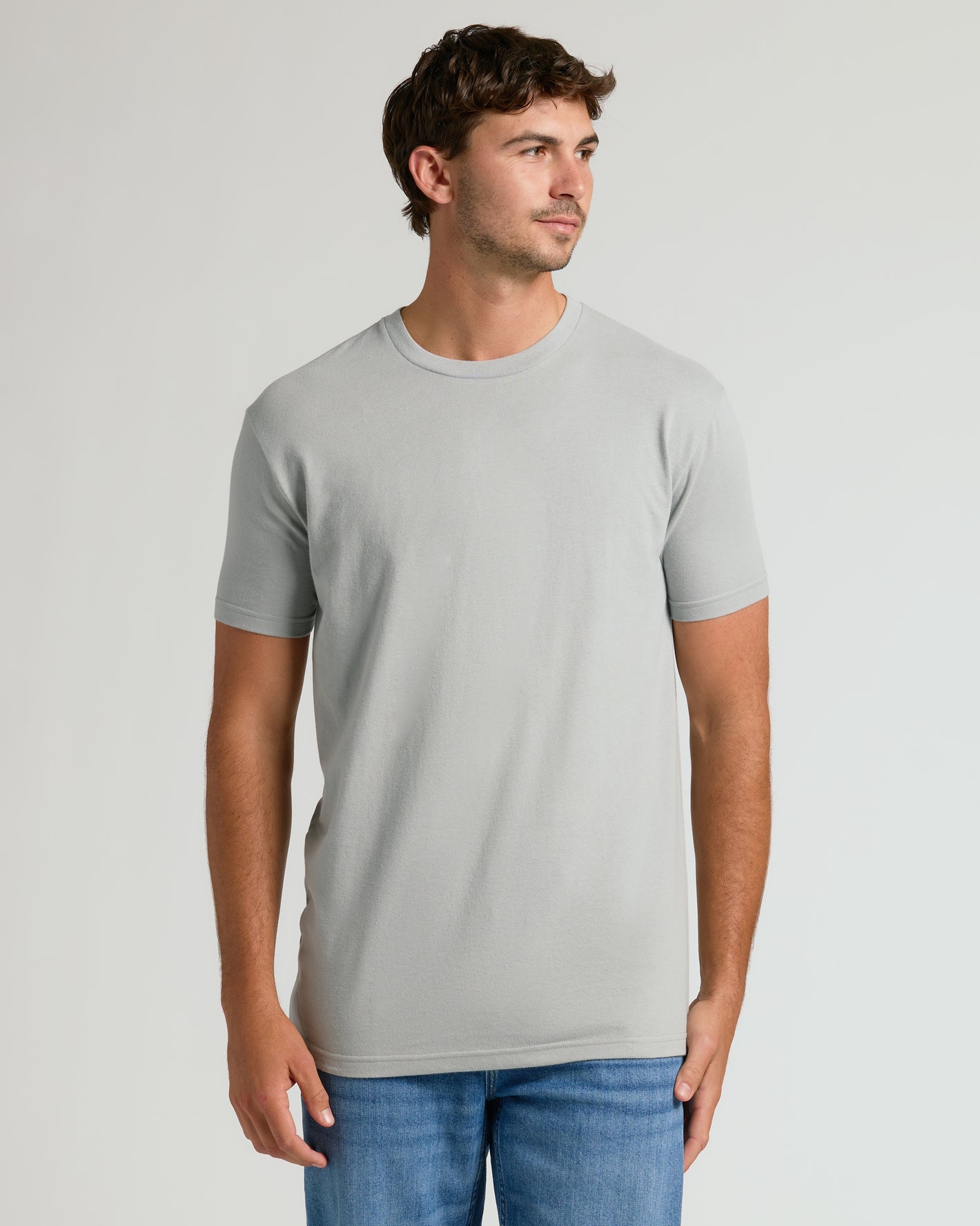 Young man in Steel Tall Straight Hem Crew Neck T-Shirt.