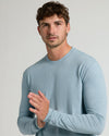 Heather Sapphire Tall Long Sleeve T-Shirt on young man, relaxed pose.